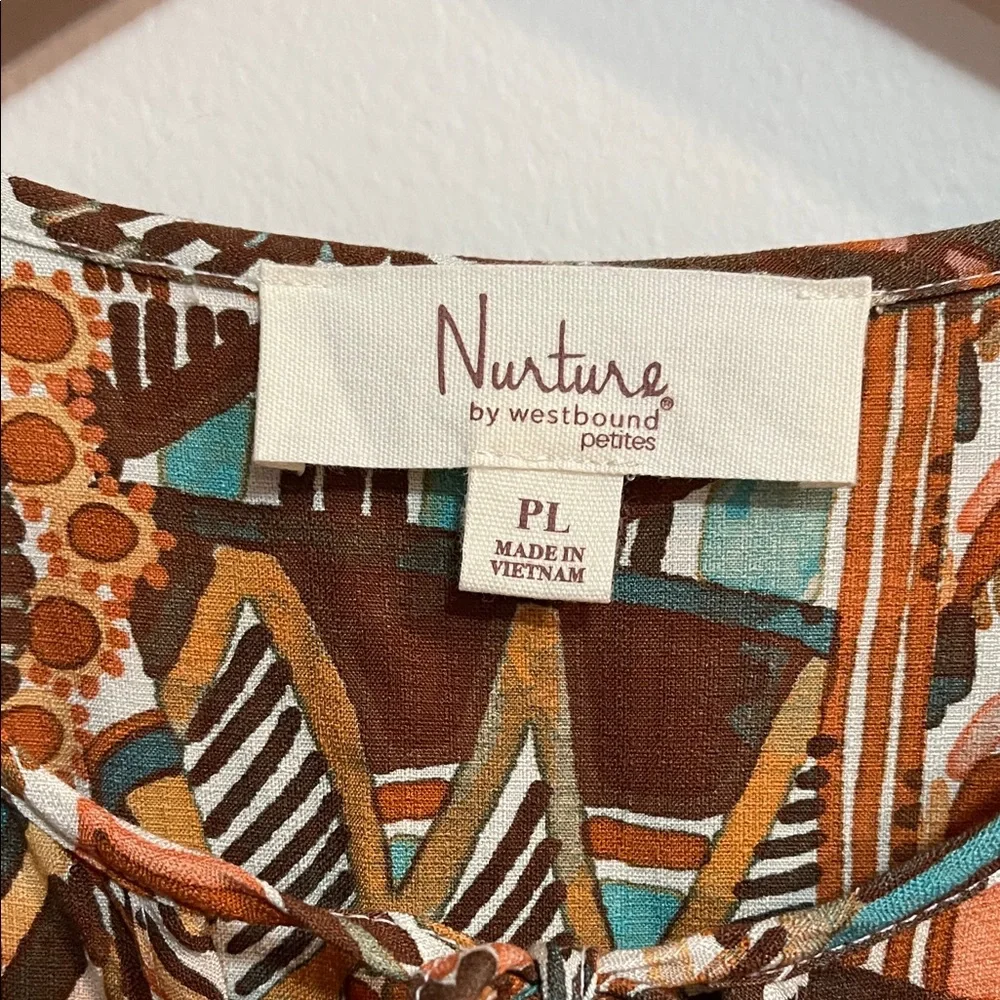Nurture Turquoise & Brown Patterned Tie-Neck Women’s Dress SZ PL - Picture 3 of 8